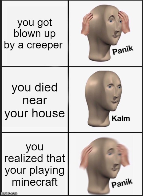 Panik Kalm Panik Meme | you got blown up by a creeper; you died near your house; you realized that your playing minecraft | image tagged in memes,panik kalm panik | made w/ Imgflip meme maker