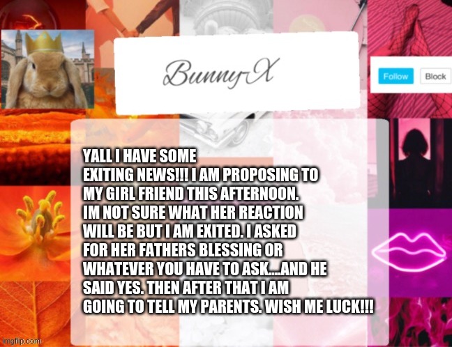 Let see what will happen! | YALL I HAVE SOME EXITING NEWS!!! I AM PROPOSING TO MY GIRL FRIEND THIS AFTERNOON. IM NOT SURE WHAT HER REACTION WILL BE BUT I AM EXITED. I ASKED FOR HER FATHERS BLESSING OR WHATEVER YOU HAVE TO ASK....AND HE SAID YES. THEN AFTER THAT I AM GOING TO TELL MY PARENTS. WISH ME LUCK!!! | image tagged in lgbt | made w/ Imgflip meme maker