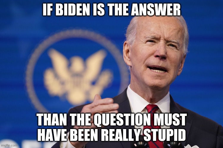 biden | IF BIDEN IS THE ANSWER; THAN THE QUESTION MUST HAVE BEEN REALLY STUPID | image tagged in biden | made w/ Imgflip meme maker