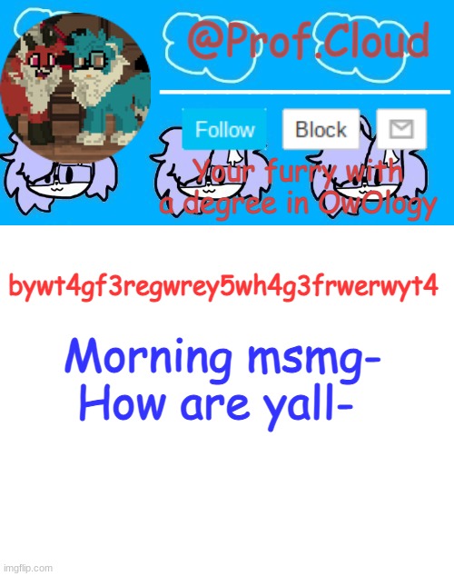 *screams in I broke my phone-* | bywt4gf3regwrey5wh4g3frwerwyt4; Morning msmg- How are yall- | image tagged in the prof furry temp | made w/ Imgflip meme maker