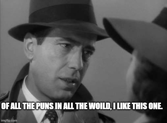 Casablanca Humphry Bogart | OF ALL THE PUNS IN ALL THE WOILD, I LIKE THIS ONE. | image tagged in casablanca humphry bogart | made w/ Imgflip meme maker