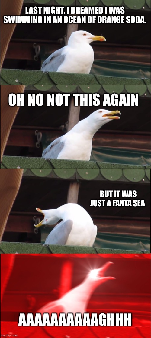 Puns | LAST NIGHT, I DREAMED I WAS SWIMMING IN AN OCEAN OF ORANGE SODA. OH NO NOT THIS AGAIN; BUT IT WAS JUST A FANTA SEA; AAAAAAAAAAGHHH | image tagged in memes,inhaling seagull | made w/ Imgflip meme maker