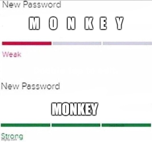 monkey apart weak monkey together strong |  M    O    N    K   E    Y; MONKEY | image tagged in password strength | made w/ Imgflip meme maker