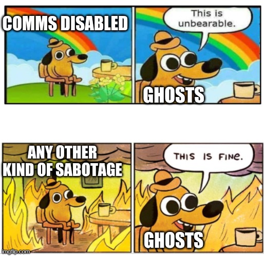 All ghosts can do is tasks, so yeah. | COMMS DISABLED; GHOSTS; ANY OTHER KIND OF SABOTAGE; GHOSTS | image tagged in unbearable,among us,ghosts | made w/ Imgflip meme maker