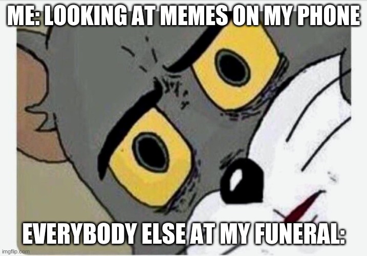 Disturbed Tom | ME: LOOKING AT MEMES ON MY PHONE; EVERYBODY ELSE AT MY FUNERAL: | image tagged in disturbed tom | made w/ Imgflip meme maker