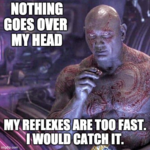 Drax Facts | NOTHING GOES OVER 
MY HEAD MY REFLEXES ARE TOO FAST.
I WOULD CATCH IT. | image tagged in drax facts | made w/ Imgflip meme maker