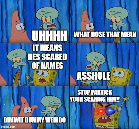 Stop it, Patrick! You're Scaring Him! | UHHHH; WHAT DOSE THAT MEAN; IT MEANS HES SCARED OF NAMES; ASSHOLE; STOP PARTICK YOUR SCARING HIM!! DIMWIT DUMMY WEIRDO | image tagged in stop it patrick you're scaring him | made w/ Imgflip meme maker