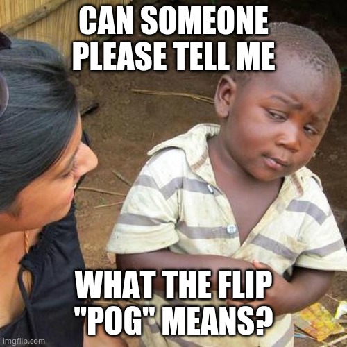Third World Skeptical Kid | CAN SOMEONE PLEASE TELL ME; WHAT THE FLIP "POG" MEANS? | image tagged in memes,third world skeptical kid | made w/ Imgflip meme maker