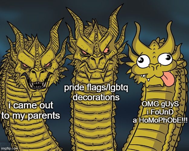 stop | pride flags/lgbtq decorations; OMG gUyS i FoUnD a HoMoPhObE!!! i came out to my parents | image tagged in king ghidorah | made w/ Imgflip meme maker