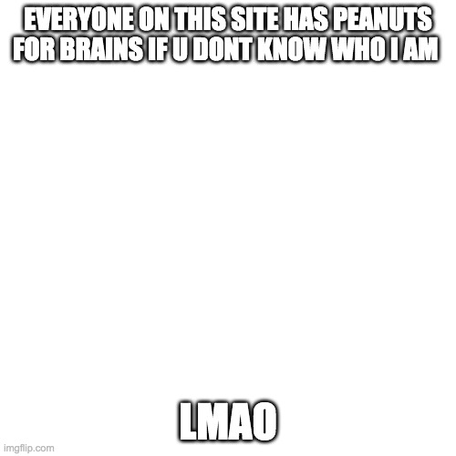 Blank Transparent Square | EVERYONE ON THIS SITE HAS PEANUTS FOR BRAINS IF U DONT KNOW WHO I AM; LMAO | image tagged in memes,blank transparent square | made w/ Imgflip meme maker