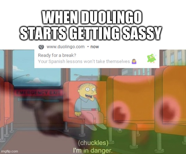 It's all fun and games until duo starts getting sassy | WHEN DUOLINGO STARTS GETTING SASSY | image tagged in i'm in danger | made w/ Imgflip meme maker