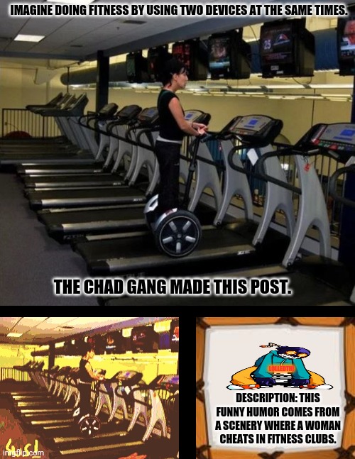 Sport at the gym - you're doing it wrong | IMAGINE DOING FITNESS BY USING TWO DEVICES AT THE SAME TIMES. THE CHAD GANG MADE THIS POST. LOLLEDTH! DESCRIPTION: THIS FUNNY HUMOR COMES FROM A SCENERY WHERE A WOMAN CHEATS IN FITNESS CLUBS. | image tagged in memes,men cheating,gym weights | made w/ Imgflip meme maker