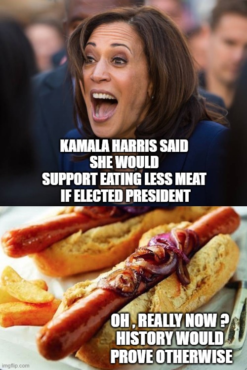 Whatever It Takes |  KAMALA HARRIS SAID
SHE WOULD SUPPORT EATING LESS MEAT
 IF ELECTED PRESIDENT; OH , REALLY NOW ?
HISTORY WOULD
 PROVE OTHERWISE | image tagged in kamala harris,willie brown,senator,harris,scandal,democrats | made w/ Imgflip meme maker