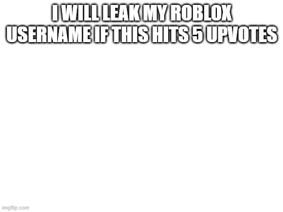 Blank White Template | I WILL LEAK MY ROBLOX USERNAME IF THIS HITS 5 UPVOTES | image tagged in blank white template | made w/ Imgflip meme maker