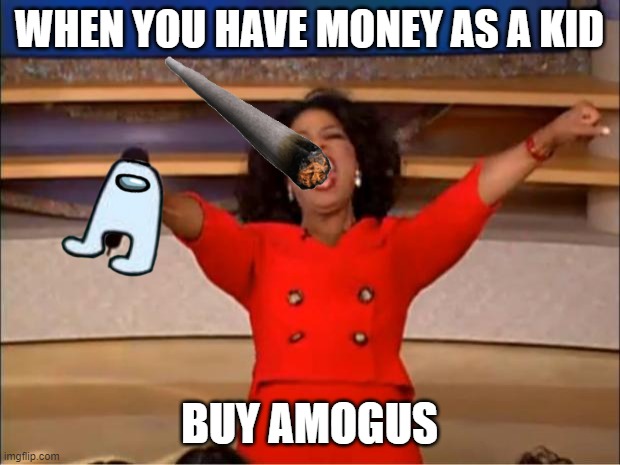 Oprah You Get A Meme | WHEN YOU HAVE MONEY AS A KID; BUY AMOGUS | image tagged in memes,oprah you get a | made w/ Imgflip meme maker