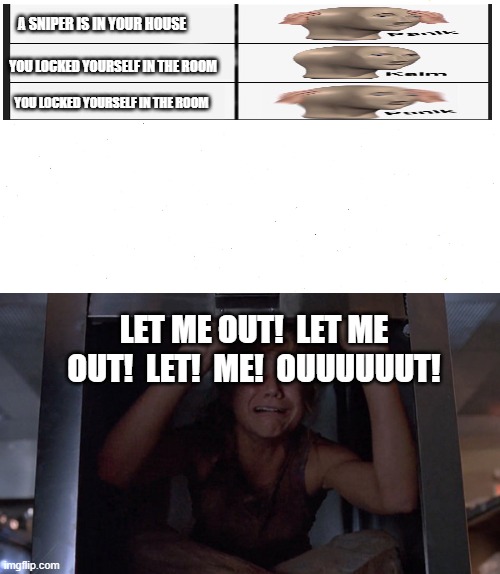 When you accidentally lock yourself in the room... | A SNIPER IS IN YOUR HOUSE; YOU LOCKED YOURSELF IN THE ROOM; YOU LOCKED YOURSELF IN THE ROOM; LET ME OUT!  LET ME OUT!  LET!  ME!  OUUUUUUT! | image tagged in jurassic park,panik kalm panik | made w/ Imgflip meme maker