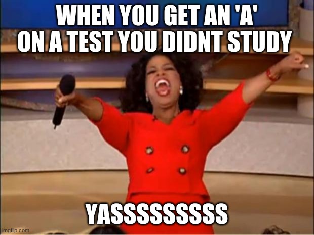 YES | WHEN YOU GET AN 'A' ON A TEST YOU DIDNT STUDY; YASSSSSSSSS | image tagged in memes,oprah you get a | made w/ Imgflip meme maker