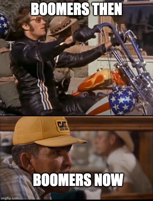 BOOMERS THEN; BOOMERS NOW | image tagged in memes,oprah you get a,okboomer | made w/ Imgflip meme maker