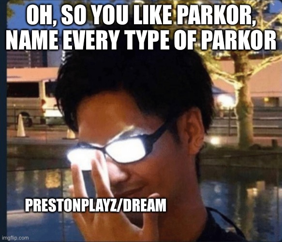 Zha parkour masters | OH, SO YOU LIKE PARKOR, NAME EVERY TYPE OF PARKOR; PRESTONPLAYZ/DREAM | image tagged in anime glasses | made w/ Imgflip meme maker