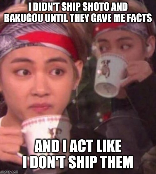 taehyung sipping tea | I DIDN'T SHIP SHOTO AND BAKUGOU UNTIL THEY GAVE ME FACTS; AND I ACT LIKE I DON'T SHIP THEM | image tagged in taehyung sipping tea | made w/ Imgflip meme maker