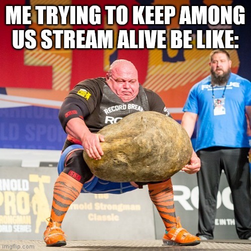 I'm trying | ME TRYING TO KEEP AMONG US STREAM ALIVE BE LIKE: | image tagged in strongman rock,lift | made w/ Imgflip meme maker