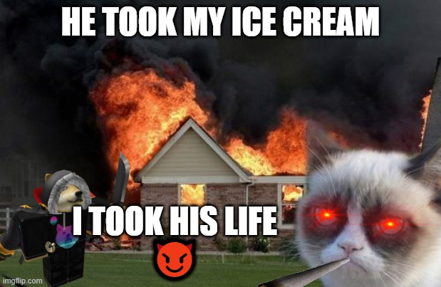 YOU TOOK ICE CREAM I TOOK YOUR LIFE | HE TOOK MY ICE CREAM; I TOOK HIS LIFE
😈 | image tagged in memes,burn kitty,grumpy cat | made w/ Imgflip meme maker