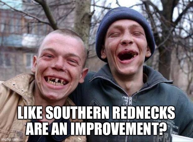 No teeth | LIKE SOUTHERN REDNECKS ARE AN IMPROVEMENT? | image tagged in no teeth | made w/ Imgflip meme maker