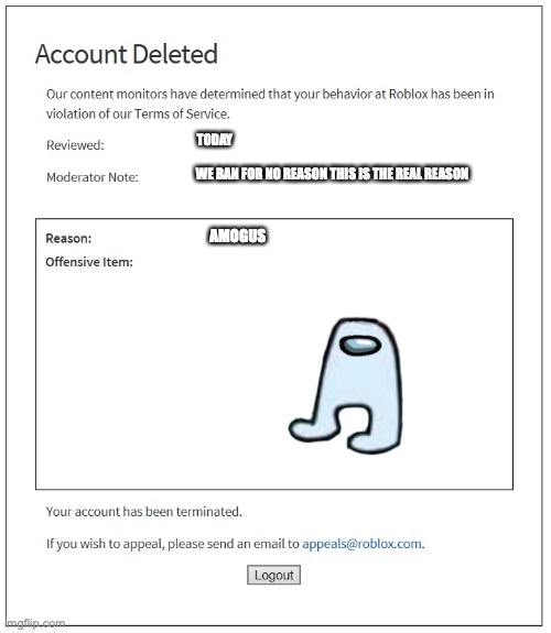 banned from ROBLOX | TODAY; WE BAN FOR NO REASON THIS IS THE REAL REASON; AMOGUS | image tagged in banned from roblox | made w/ Imgflip meme maker