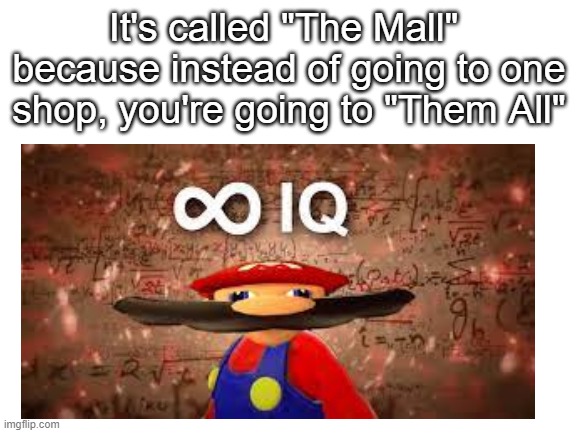 hehe | It's called "The Mall"  because instead of going to one shop, you're going to "Them All" | image tagged in memes,meme | made w/ Imgflip meme maker