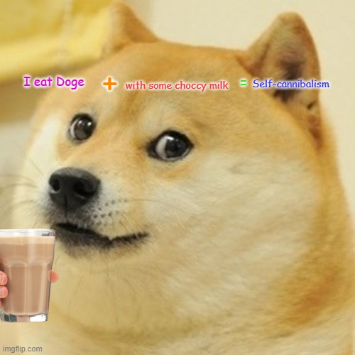 Doges life | +; with some choccy milk; I eat Doge; =; Self-cannibalism | image tagged in memes,doge | made w/ Imgflip meme maker