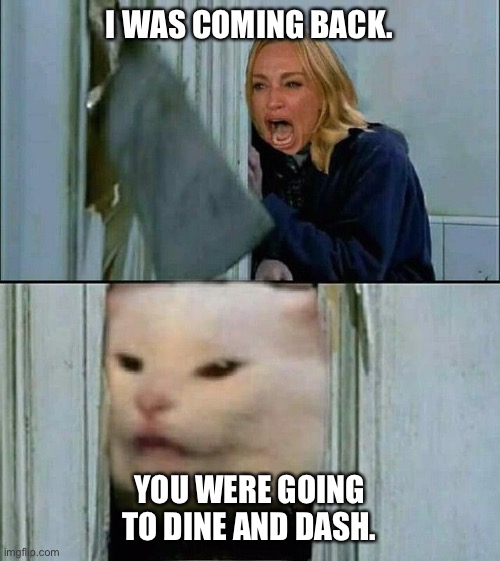 shining cat crossover | I WAS COMING BACK. YOU WERE GOING TO DINE AND DASH. | image tagged in shining cat crossover | made w/ Imgflip meme maker