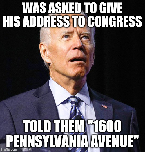 Addressing a big problem | WAS ASKED TO GIVE HIS ADDRESS TO CONGRESS; TOLD THEM "1600 PENNSYLVANIA AVENUE" | image tagged in joe biden,address,clueless | made w/ Imgflip meme maker