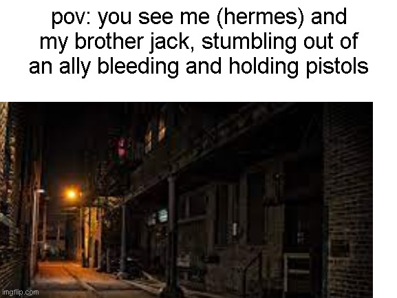 idk | pov: you see me (hermes) and my brother jack, stumbling out of an ally bleeding and holding pistols | image tagged in pistol | made w/ Imgflip meme maker