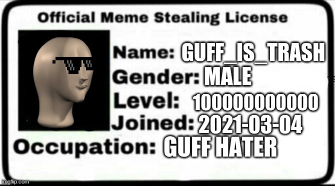 now i can steal memes | GUFF_IS_TRASH; MALE; 100000000000; 2021-03-04; GUFF HATER | image tagged in meme stealing license | made w/ Imgflip meme maker