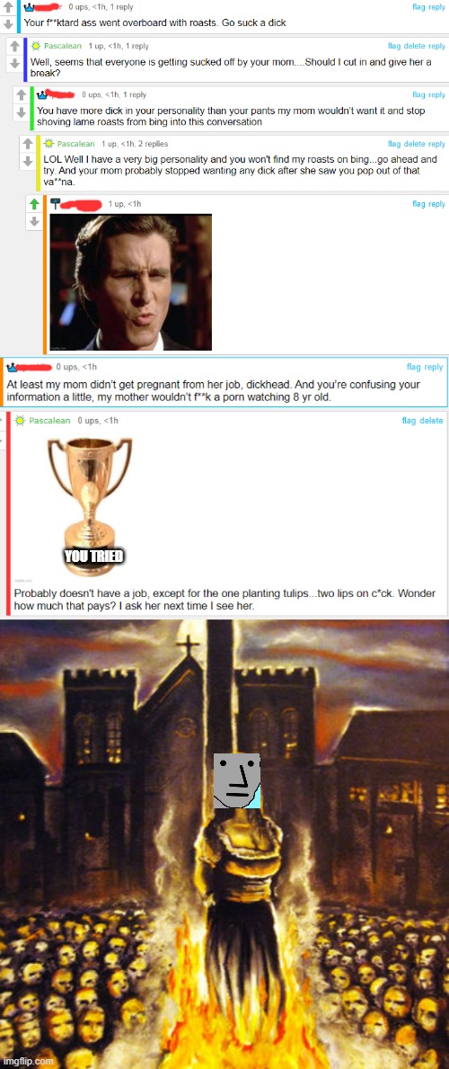 YOU TRIED | image tagged in woman burned at stake | made w/ Imgflip meme maker