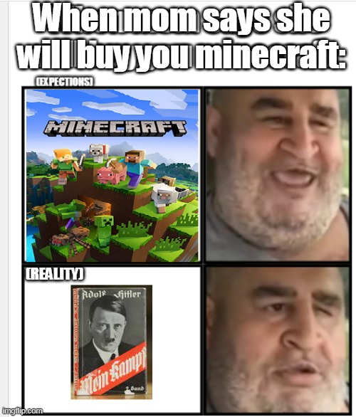 mom buying minecraft | When mom says she will buy you minecraft:; (REALITY) | image tagged in funny,funny memes,lol so funny | made w/ Imgflip meme maker