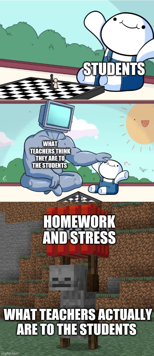 teachers be like | STUDENTS; WHAT TEACHERS THINK THEY ARE TO THE STUDENTS; HOMEWORK AND STRESS; WHAT TEACHERS ACTUALLY ARE TO THE STUDENTS | image tagged in odd1sout vs computer chess,tnt yeeter | made w/ Imgflip meme maker
