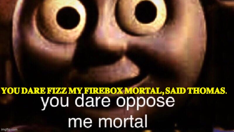 You dare oppose me mortal | YOU DARE FIZZ MY FIREBOX MORTAL, SAID THOMAS. | image tagged in you dare oppose me mortal | made w/ Imgflip meme maker