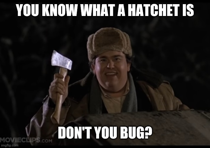 Uncle Buck Hatchet | YOU KNOW WHAT A HATCHET IS; DON'T YOU BUG? | image tagged in john candy | made w/ Imgflip meme maker