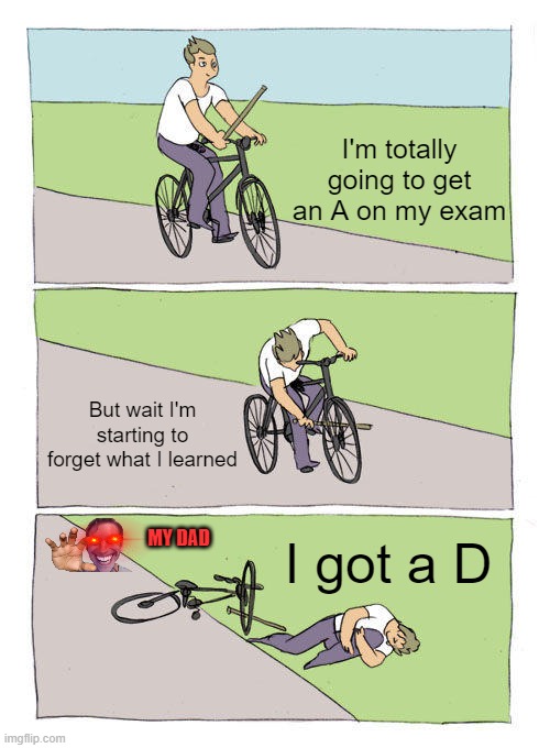 ._. | I'm totally going to get an A on my exam; But wait I'm starting to forget what I learned; I got a D; MY DAD | image tagged in memes,bike fall | made w/ Imgflip meme maker