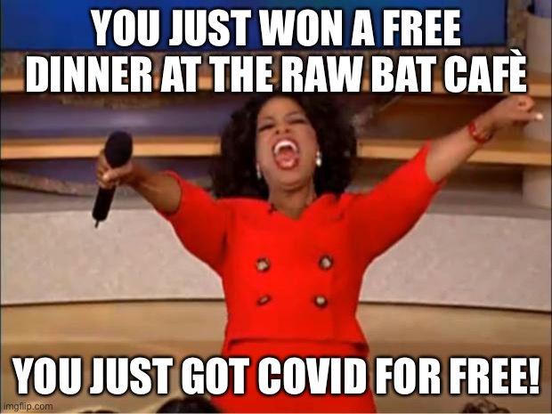 COVID Bar | YOU JUST WON A FREE DINNER AT THE RAW BAT CAFÈ; YOU JUST GOT COVID FOR FREE! | image tagged in memes,oprah you get a | made w/ Imgflip meme maker