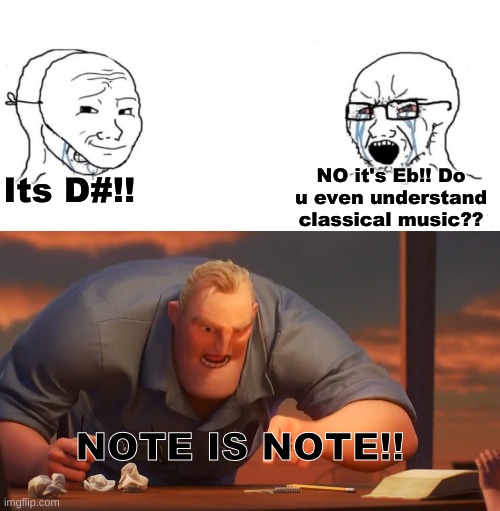 When you cant "understand" music | NO it's Eb!! Do u even understand classical music?? Its D#!! NOTE IS NOTE!! | image tagged in mr incredible mad,math is math | made w/ Imgflip meme maker