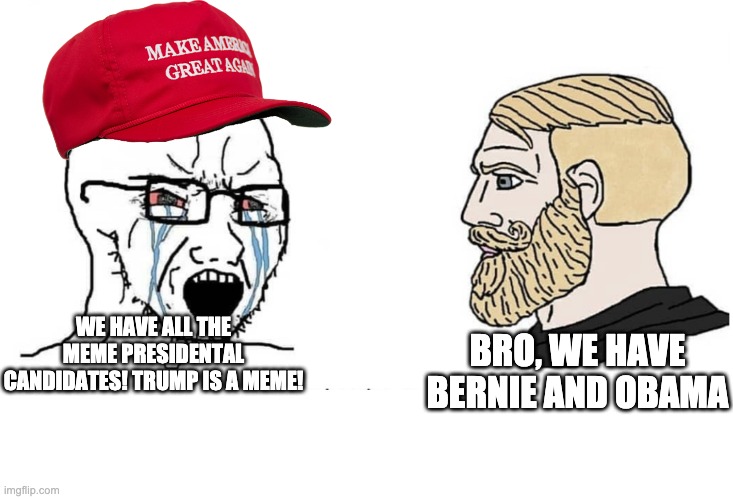 OBUNGA | BRO, WE HAVE BERNIE AND OBAMA; WE HAVE ALL THE MEME PRESIDENTAL CANDIDATES! TRUMP IS A MEME! | image tagged in dude crying at chad | made w/ Imgflip meme maker