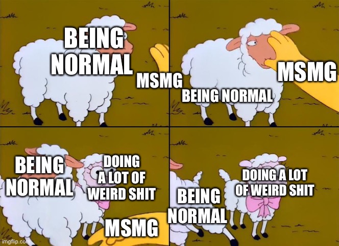 Simpsons sheep fixed text boxes | BEING NORMAL; MSMG; MSMG; BEING NORMAL; DOING A LOT OF WEIRD SHIT; BEING NORMAL; DOING A LOT OF WEIRD SHIT; BEING NORMAL; MSMG | image tagged in simpsons sheep fixed text boxes | made w/ Imgflip meme maker