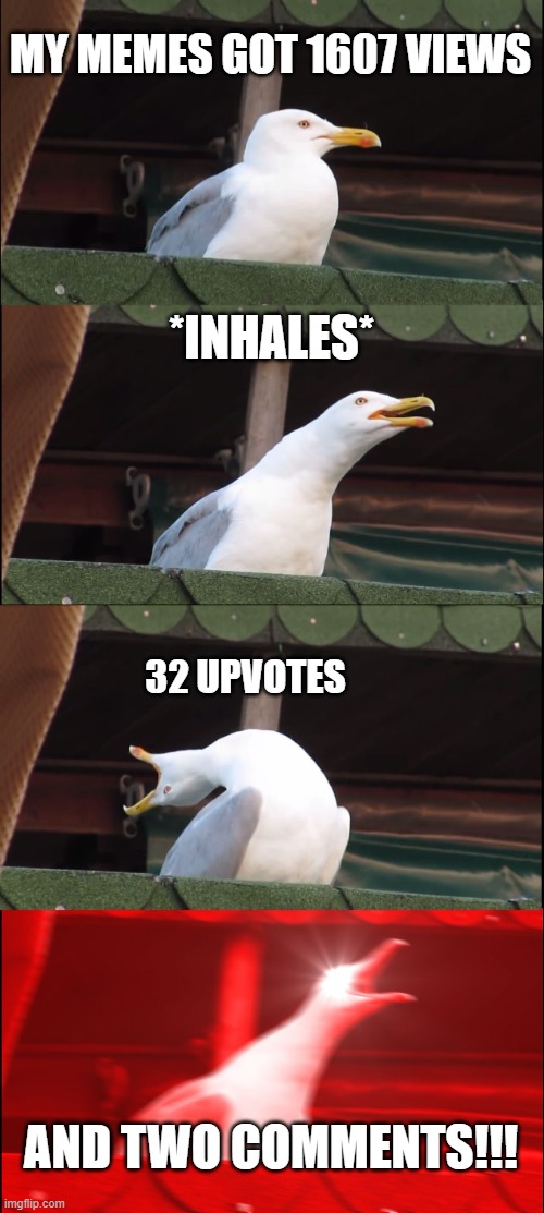 Meme Update! | MY MEMES GOT 1607 VIEWS; *INHALES*; 32 UPVOTES; AND TWO COMMENTS!!! | image tagged in memes,inhaling seagull | made w/ Imgflip meme maker