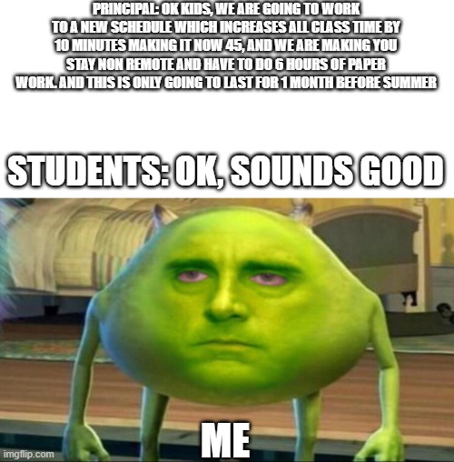 Mike wazowski but he’s high | PRINCIPAL: OK KIDS, WE ARE GOING TO WORK TO A NEW SCHEDULE WHICH INCREASES ALL CLASS TIME BY 10 MINUTES MAKING IT NOW 45, AND WE ARE MAKING YOU STAY NON REMOTE AND HAVE TO DO 6 HOURS OF PAPER WORK. AND THIS IS ONLY GOING TO LAST FOR 1 MONTH BEFORE SUMMER; STUDENTS: OK, SOUNDS GOOD; ME | image tagged in mike wazowski but he s high | made w/ Imgflip meme maker
