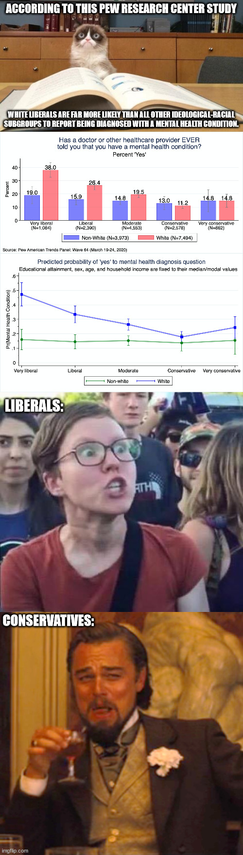 It Has Been Scientifically Proven.. Liberalism is a Mental Disorder. |  ACCORDING TO THIS PEW RESEARCH CENTER STUDY; WHITE LIBERALS ARE FAR MORE LIKELY THAN ALL OTHER IDEOLOGICAL-RACIAL SUBGROUPS TO REPORT BEING DIAGNOSED WITH A MENTAL HEALTH CONDITION. LIBERALS:; CONSERVATIVES: | image tagged in grumpy cat studying,angry liberal,memes,laughing leo,stupid liberals,conservative | made w/ Imgflip meme maker