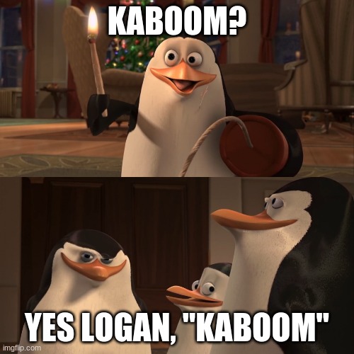 Madagascar Penguin Kaboom | KABOOM? YES LOGAN, "KABOOM" | image tagged in madagascar penguin kaboom | made w/ Imgflip meme maker
