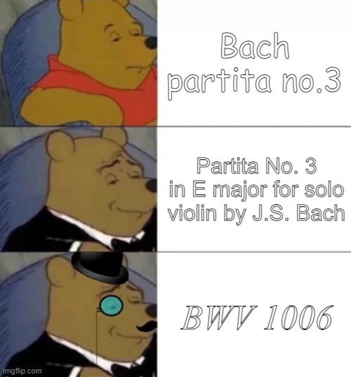 Fancy pooh | Bach partita no.3; Partita No. 3 in E major for solo violin by J.S. Bach; BWV 1006 | image tagged in fancy pooh,lingling40hrs | made w/ Imgflip meme maker