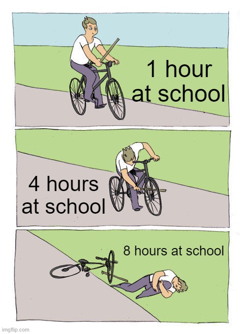 oOf | 1 hour at school; 4 hours at school; 8 hours at school | image tagged in memes,bike fall | made w/ Imgflip meme maker